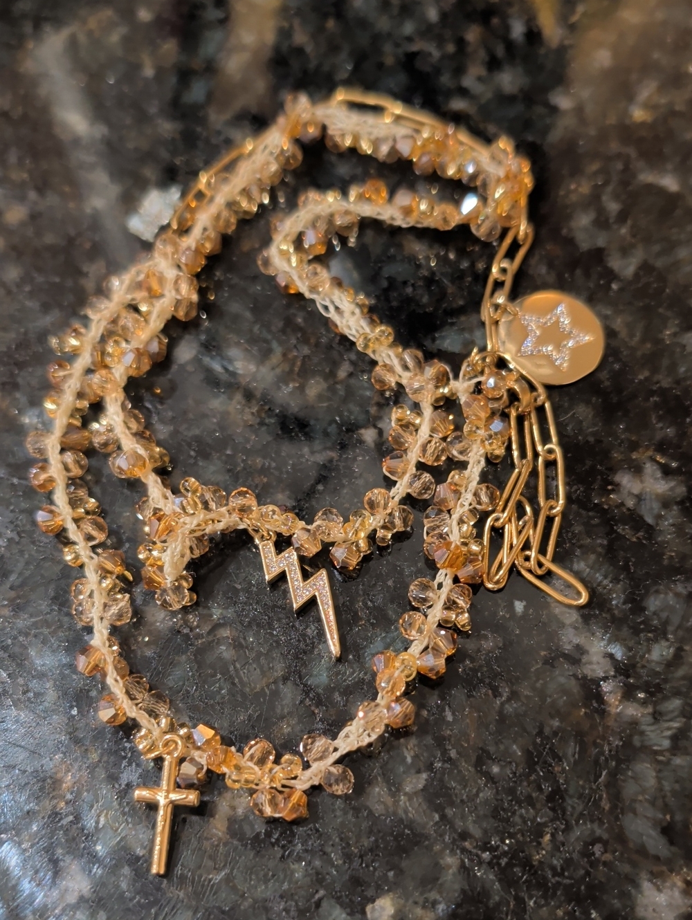 Gold-Tone Amber Beaded Layered Necklace with Lightning & Cross Charms